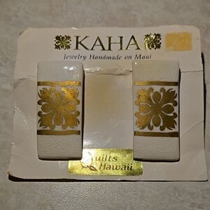 Vintage Kaha Gold and Cream Porcelain Pierced Earrings 1 3/4" X 3/4"
